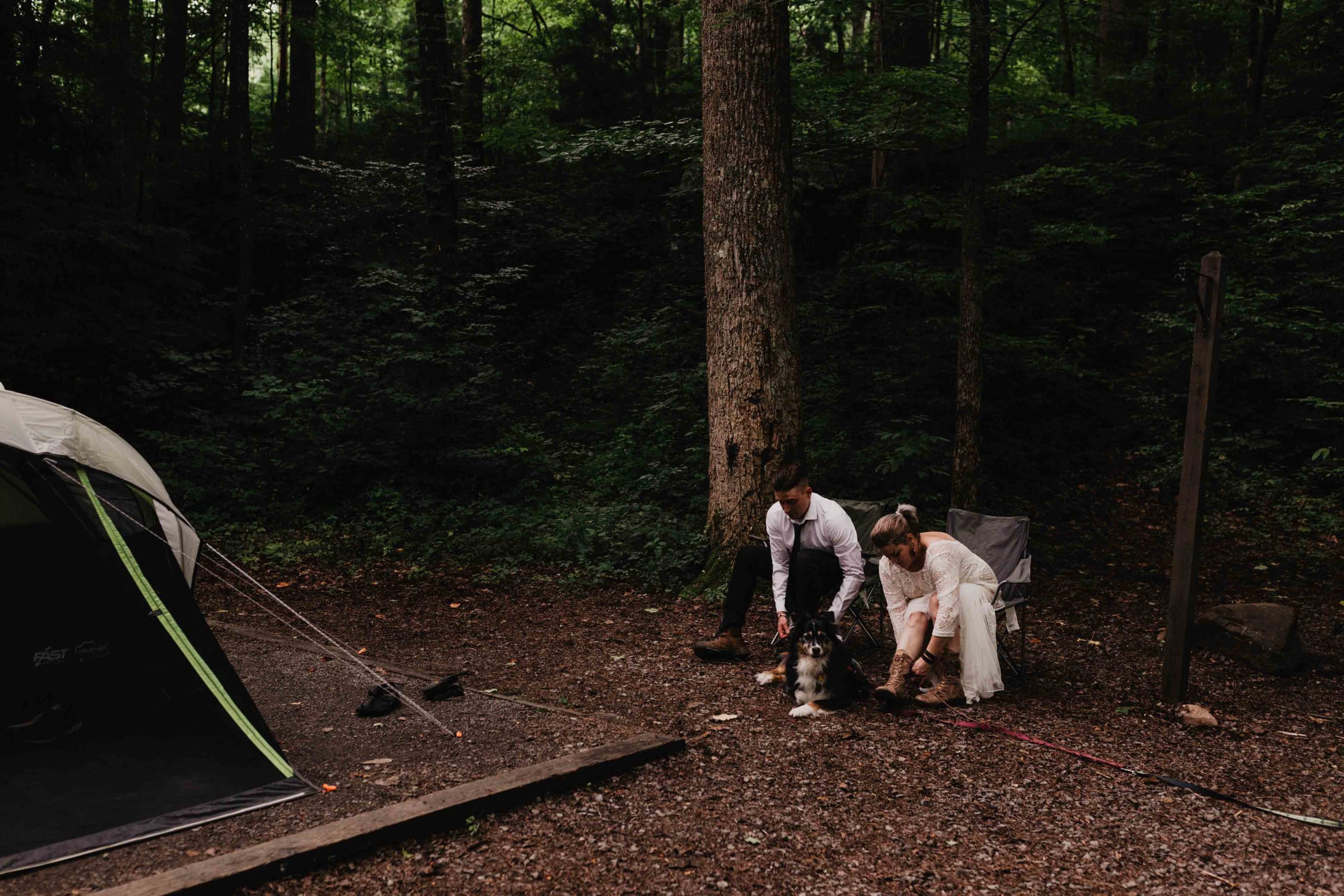 Adventure elopement in the Great Smoky Mountain National Park in Tennessee with tent camping at Elkmont Campground and wedding ceremony in Cades Cove captured by Magnolia + Ember